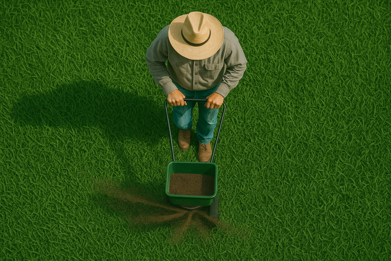 Much better but let's make the material less clumpy or a bit finer in texture.  The material is pelletized organic material and barely visible when it hits the grass.  Make the grass two inches taller.  Change nothing else.